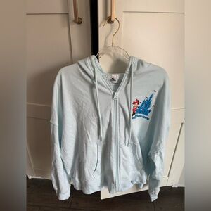 Disney Light Blue Zip-Up Hoodie with Castle and Character Size Large